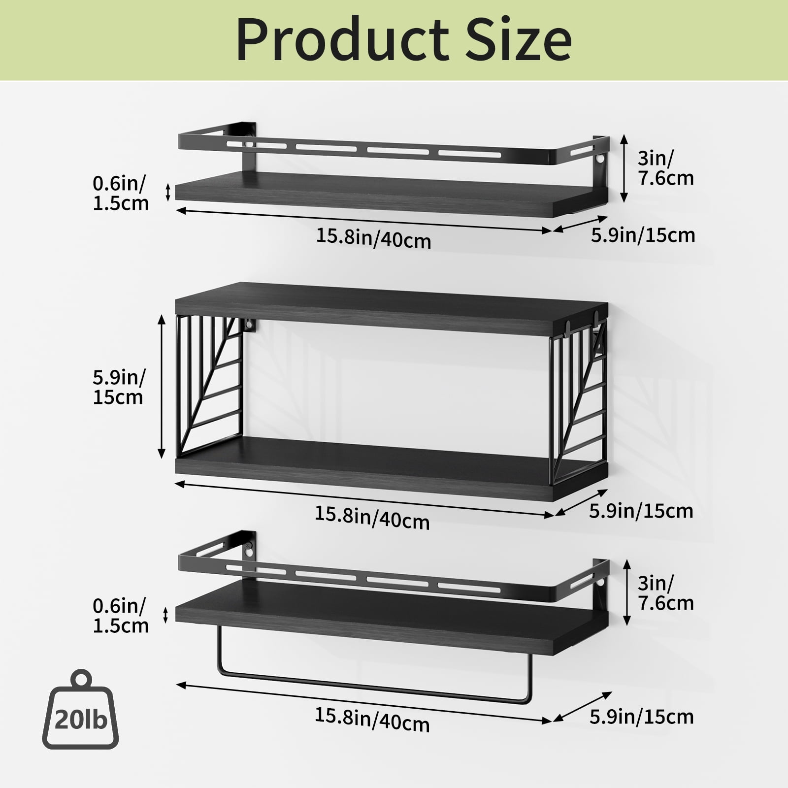 Fairy 4pcs Bathroom Floating Shelves Over Toilet, Wall Shelves with Towel Bar for Bathroom, Living Room (Black)