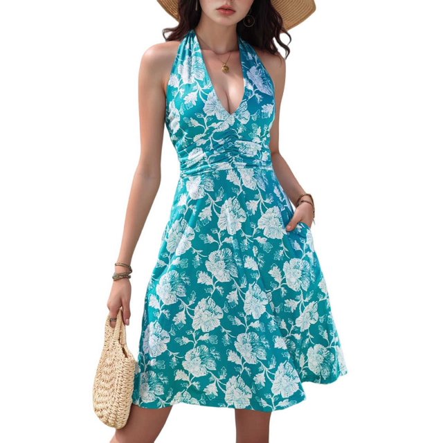 Robe d'Été Sans Manches à Encolure en V Portefeuille à Fleurs pour Femmes Mini Robe Bleue G