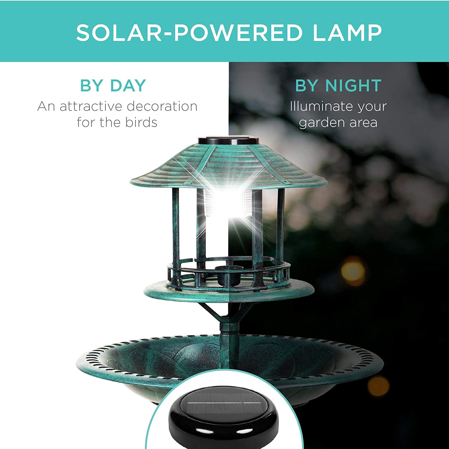 Solar Outdoor Bird Bath Vintage Resin Pedestal Fountain Decoration for Yard, Garden w/Planter Base, Feeder, Decorative Bird Cage, Fillable Stand - Green
