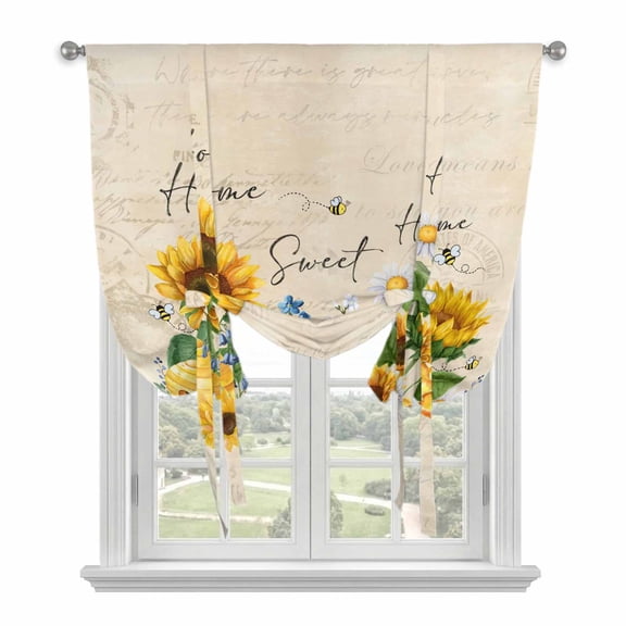 Yellow Sunflowers Tie Up Curtains for Windows, Adjustable Balloon Window Shades, Daisy Bees Elegant Farmhouse Floral Kitchen Window Treatments Adjustable Roll Up Curtain for Basement/Nursery 52"x45"