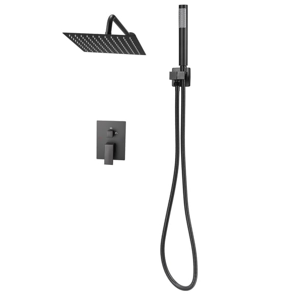 KFFKFF Shower Faucet Set with 10-Inch Square Rain Shower Head and Handheld Spray, Wall-Mounted Bathroom Fixtures with Brass Valve and Trim Kit, Matte Black