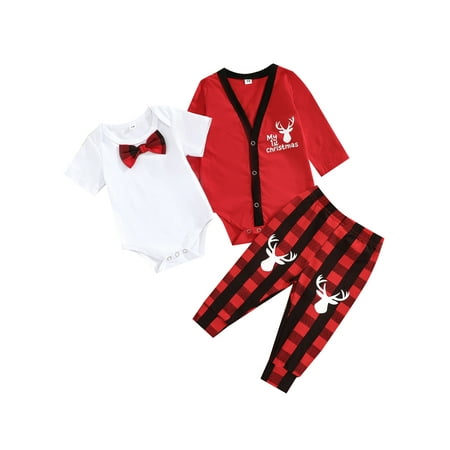 

Baby Christmas Clothes Set Long Sleeve V-neck Coat+Solid Color O-neck Romper+Plaid Print Trousers