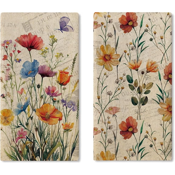 Vintage Flower Kitchen Dish Towels Set of 2, Retro Floral Butterfly Drying Hand Towel Baking Cooking Cloth, Spring Summer Wildflower Bathroom Home Decoration 18'' x 26''
