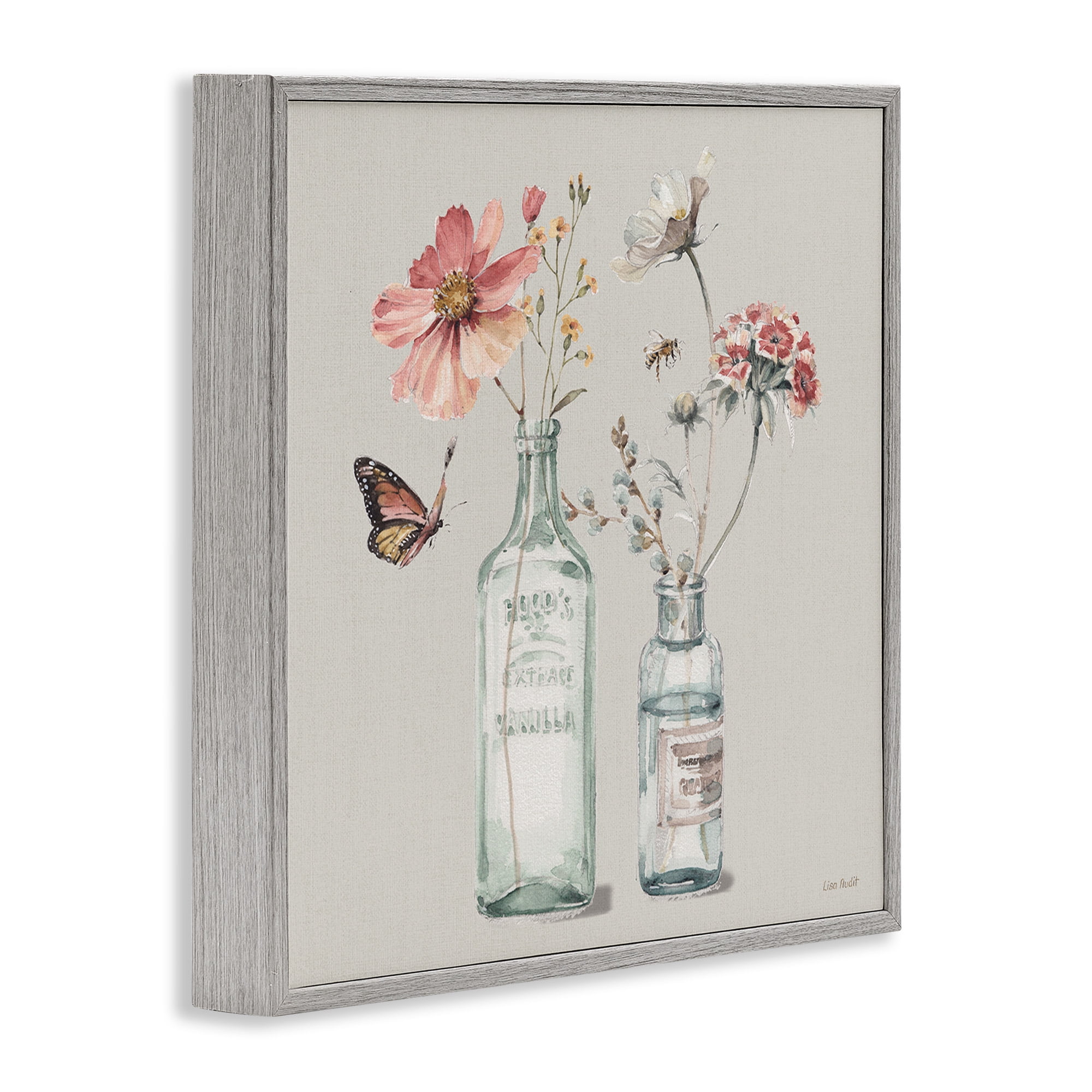Stupell Industries Flower Jar Butterfly Painting Botanical & Floral Painting Gray Framed Art Print Wall Art, 24 x 24