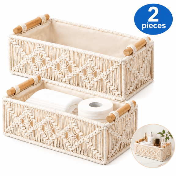 Set of 2 Wicker Toilet Paper Basket, Boho Woven Decorative Paper Basket, Small Storage Bins for Countertop Bathroom Nursery Home Apartment Decor