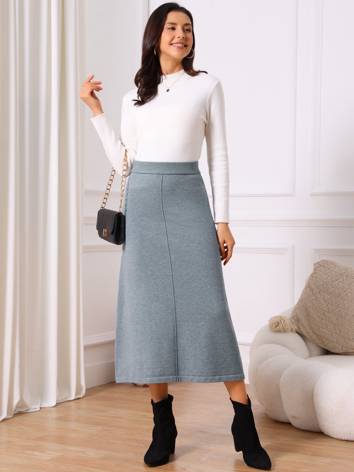DARING DIVA Women's Sweater A Line Elastic High Waist Stretchy Midi Skirt L Grey