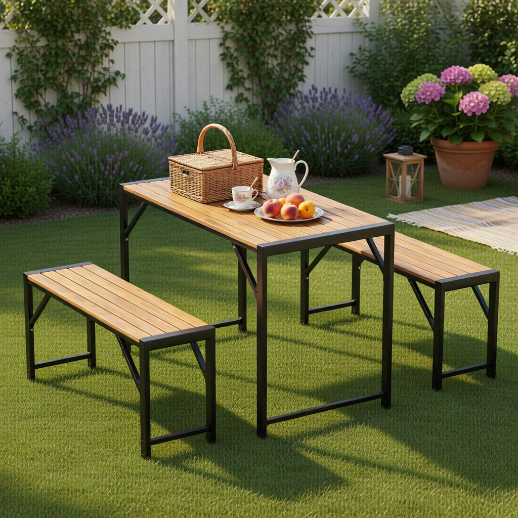 Hommoo 3-Piece Acacia Wood Patio Dining Set, Picnic Table & 2 Benches for 4, Outdoor Furniture with Heavy-Duty Metal Frame, Black & Natural