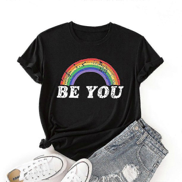 Pride Month T-shirt Rainbow Graphic Be You Letter Print Tees Shirt Lgbtq Equality Blouse Casual Short Sleeve Tops