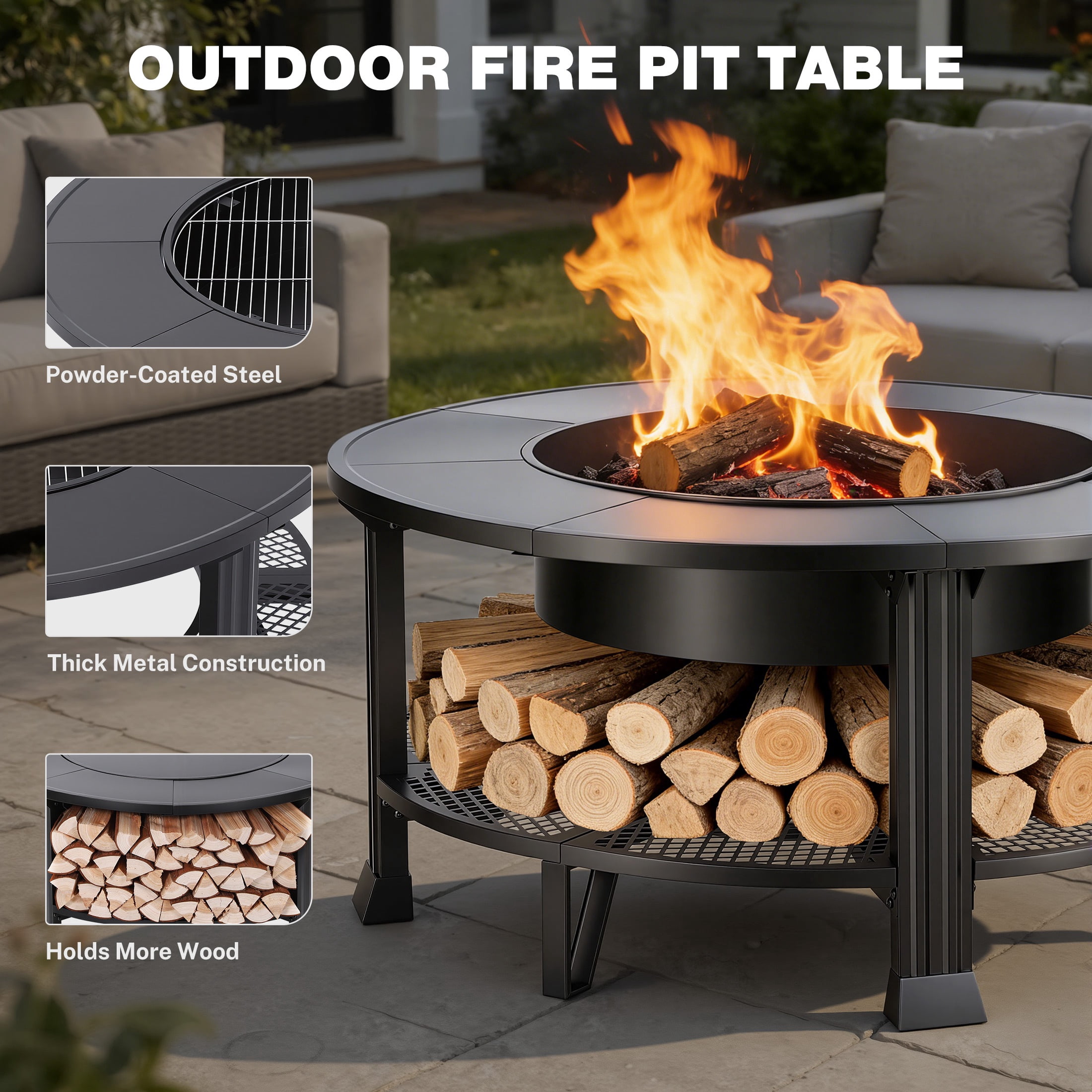 38" Outdoor Fire Pit Table with Grill & Firewood Rack, Wood Burning Fire Pit for Backyard Gatherings, Patio Heating & Outdoor Entertaining, BBQ with Pit Cover, Poker, BBQ Grate, Round Fire Pit, Black