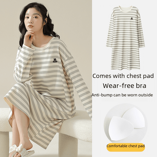 Camisón de rayas con almohadilla para el pecho para mujer, manga larga, otoño e invierno, holgado, talla grande, pijama para mujer embarazada, algodón para mujer