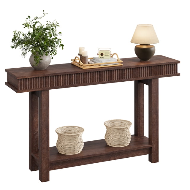 Farmhouse Fluted Wooden Dining Table – 2-Tier Rectangular Console – Space-Saving Entryway Table with Shelf – Ideal for Living Room, Hallway, or Behind Sofa
