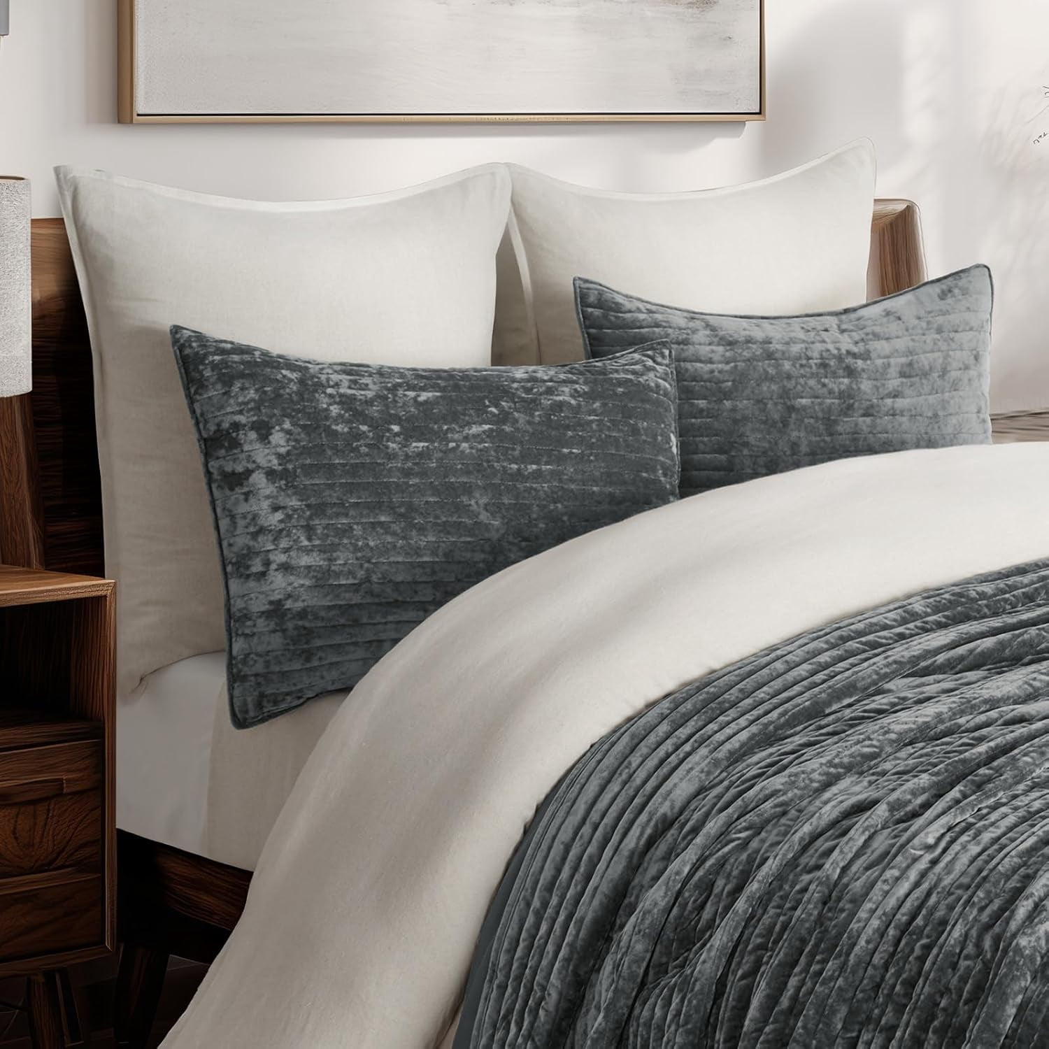 EVERGRACE Velvet Quilt Set King Size, Luxurious Soft Striped Channel Bedding Set, Lightweight Velvet Comforter for All Season, Oversized Bedspread Coverlet with 2 Matching Shams, Charcoal Gray