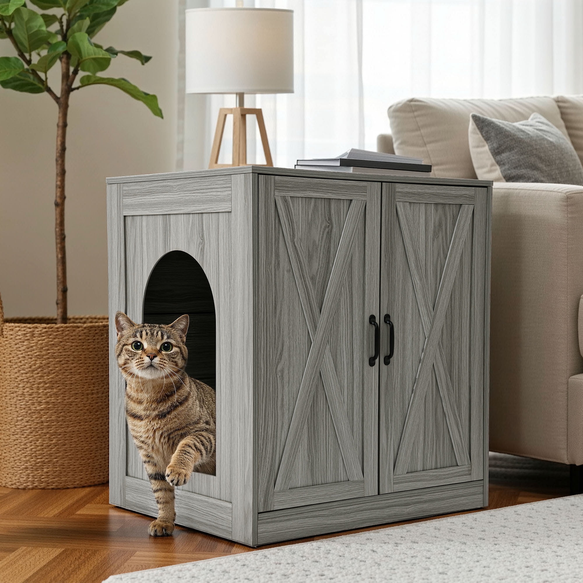 Uforic Large Hidden Electric Litter Box Cabinet with Power Outlets, Wooden Cat Litter Box Enclosure for Self-Cleaning Litter Boxes, Indoor Storage Cat Furniture, Wash Grey