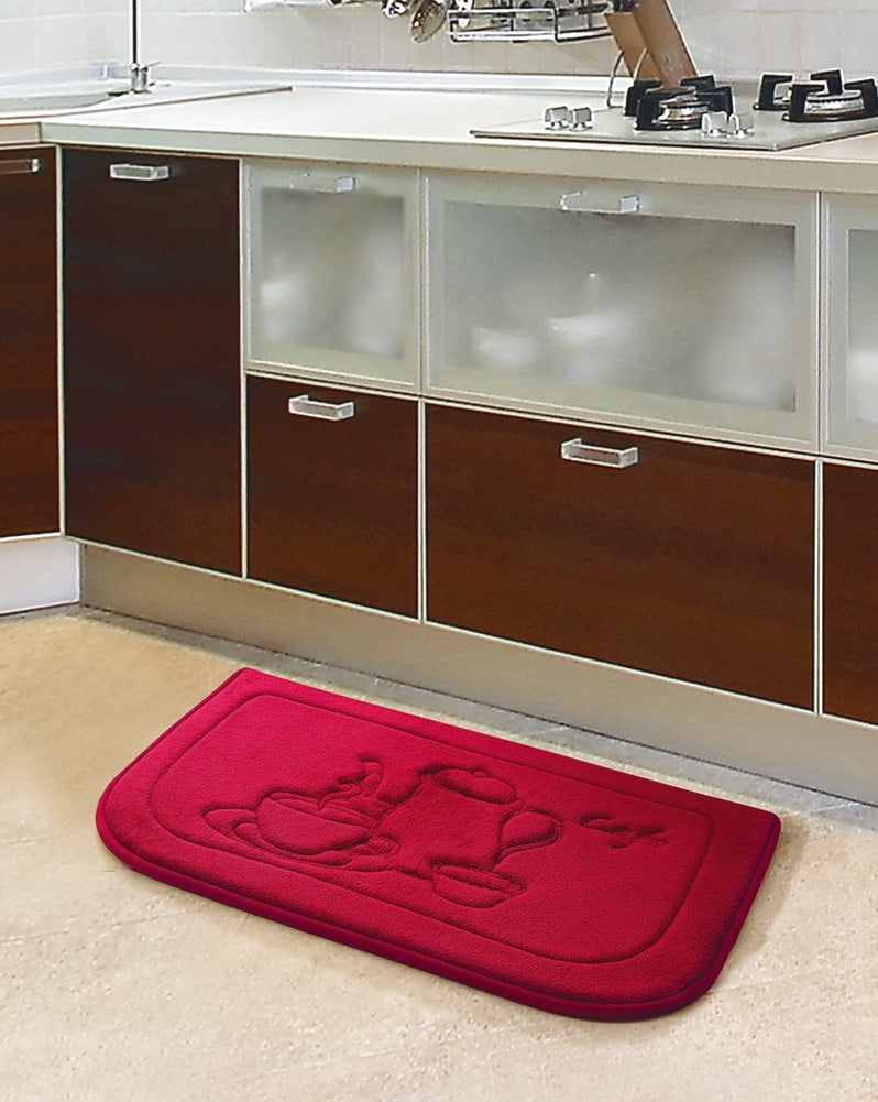 Coffee Mug Embossed Memory Foam Kitchen Mat, Red, 18x27 Inches