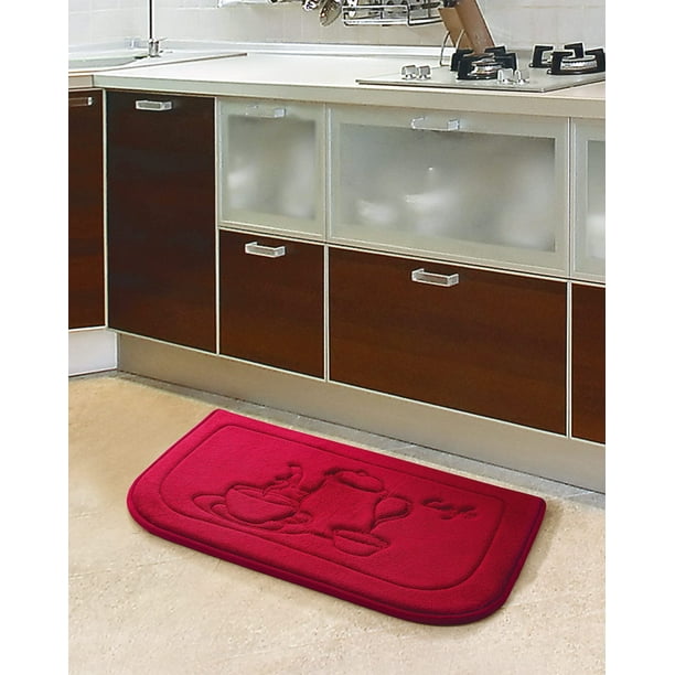 Coffee Mug Embossed Memory Foam Kitchen Mat, Red, 18x27 Inches