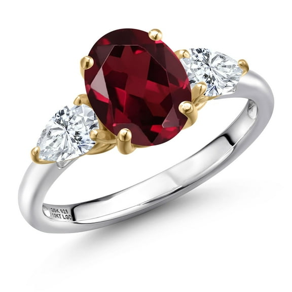 Gem Stone King 925 Silver and 10K Yellow Gold Red Rhodolite Garnet and F - G Lab Grown Diamond Engagement Ring for Women | 2.70 Cttw | Oval 9X7MM | Gemstone January Birthstone | Size 7