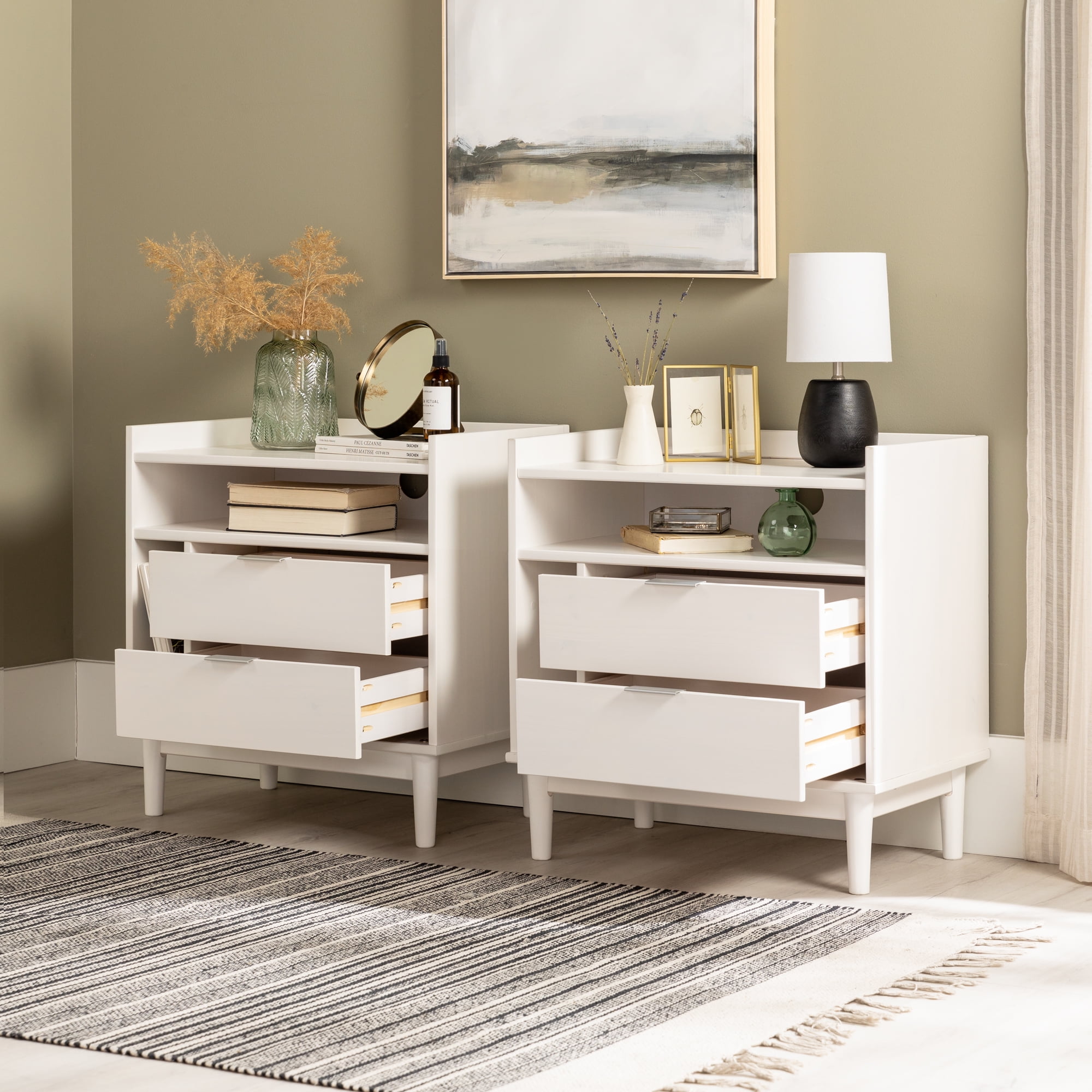 Walker Edison Mid-Century Modern 2-Drawer Wood Nightstand, Set of 2, White