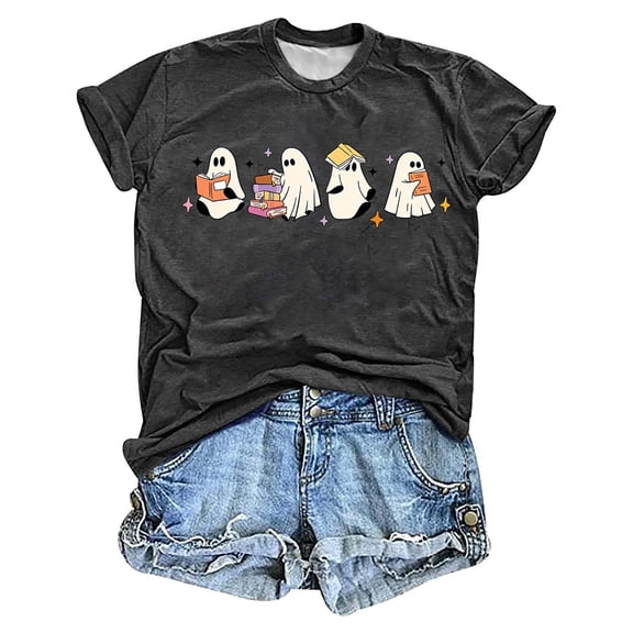 Likimi Halloweenv Womens Tshirt Crew Neck Hallowmas Ghost Print Short Sleeve T Shirts For Women Loose Fit Comfortable Tops Black Size L