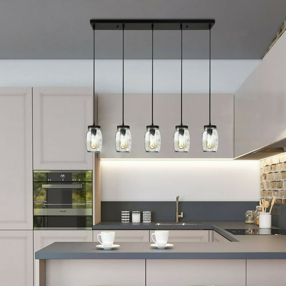 Fichiouy 5 Head Glass Mason Jar Light Fixture Dinning Room Pendant Lamp Downlight 40W