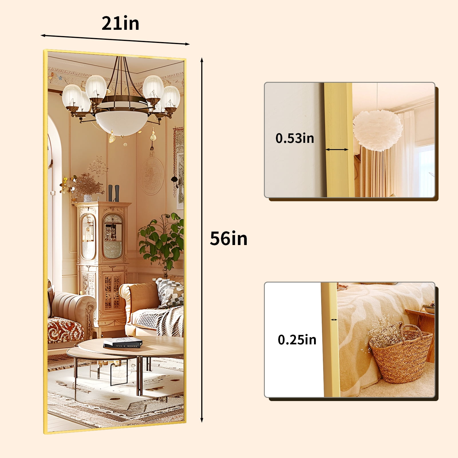 Lumora 21.1"x 56" Rectangular Full Length Mirror Wall Mounted or Leaning Large Floor Mirror, Gold