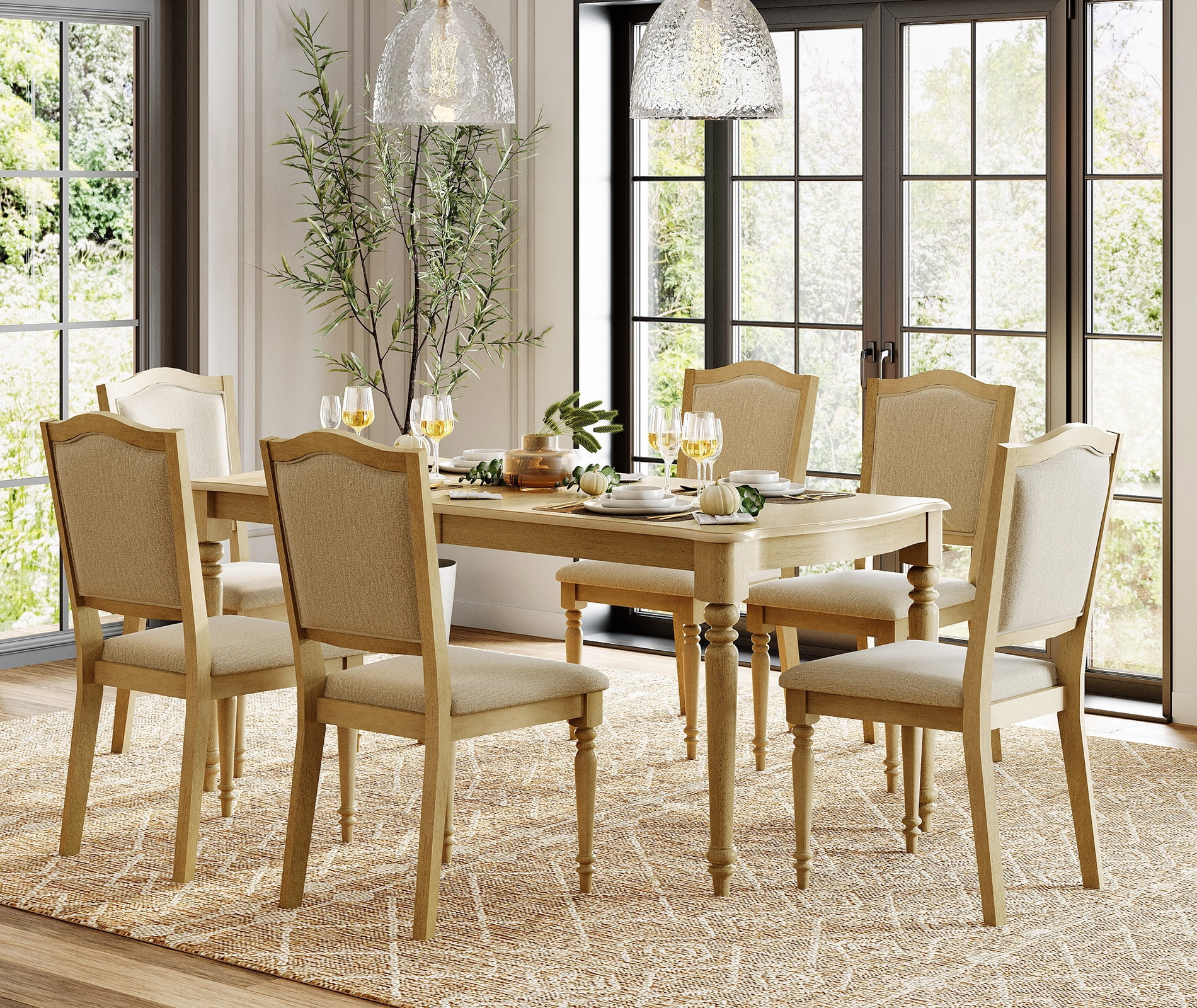 Rectangular Dining Table for 6–8, Solid Wood Table with Signature Gourd Legs for Kitchen & Living Room, 70 Inch, Oak