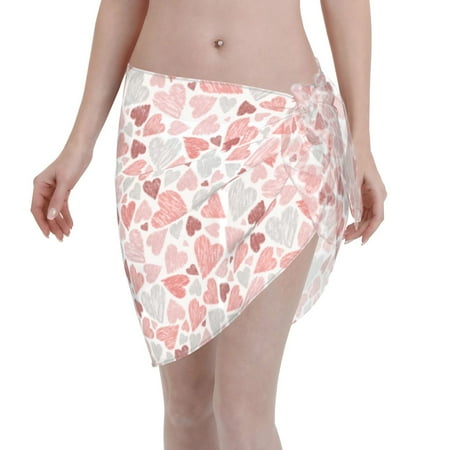 Qekee Hand Drawn Hearts Women s Short Sarongs Cover Ups Sheer Bikini Wraps for Swimwear