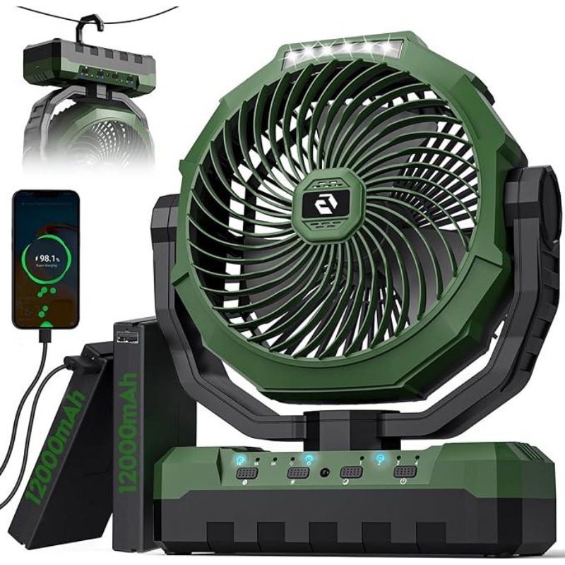 3-in-1 Camping Fan - Portable Fan Rechargeable - 24000mAh/12000mAh 9-Inch Battery Powered Fan(140Hrs/70Hrs) - USB Fan with Light & Remote for Indoor, Outdoor, Tent, Travel, BBQ, Fishing, Jobsite