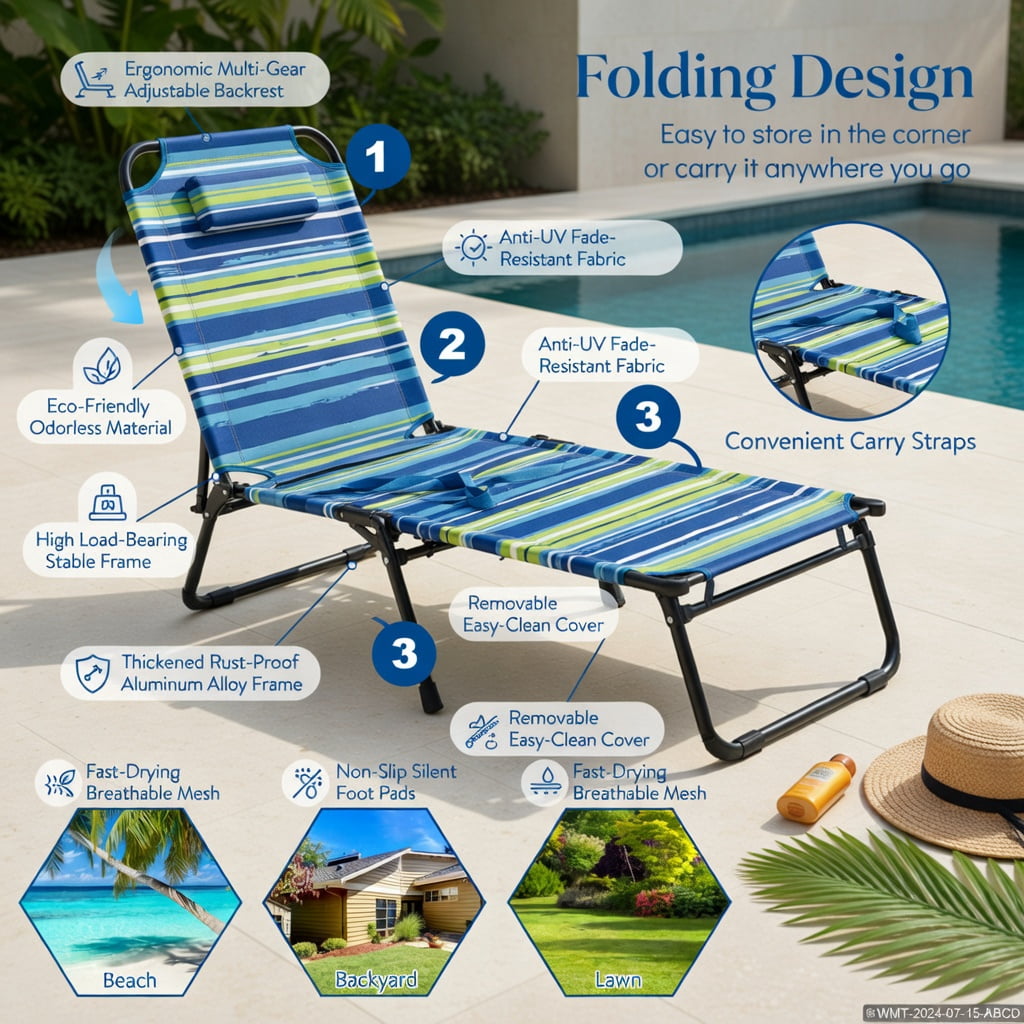 Hommoo Adjustable Beach Chaise Lounge Chair with Face Hole, Removable Pillows & Foldable Design, Blue Stripe
