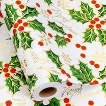 Christmas Wrapping Paper Roll, Holly Berry Gift Wrapping Paper, Luxury Gold Foil Berry Greenery Holly Christmas Gift wrap for Holiday Gift Packaging (Mini Roll, 17 Inch X 33 Feet)