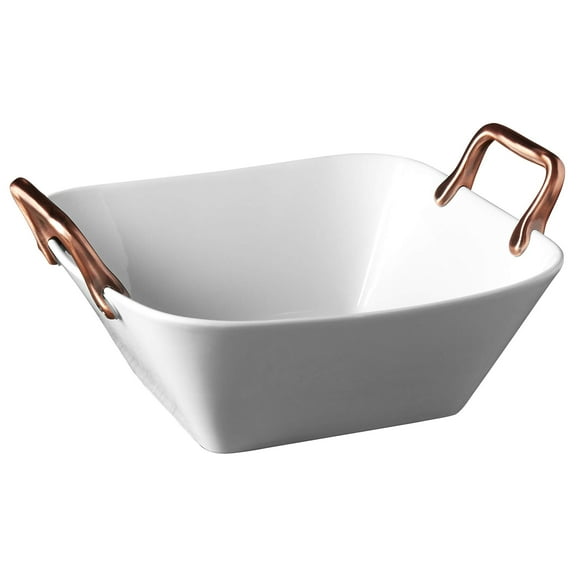 Denmark Plat de Service en Porcelaine Blanche Résistant aux Éclats Bols de Service avec Poignées en Cuivre, Plateau de Service Carré Profond