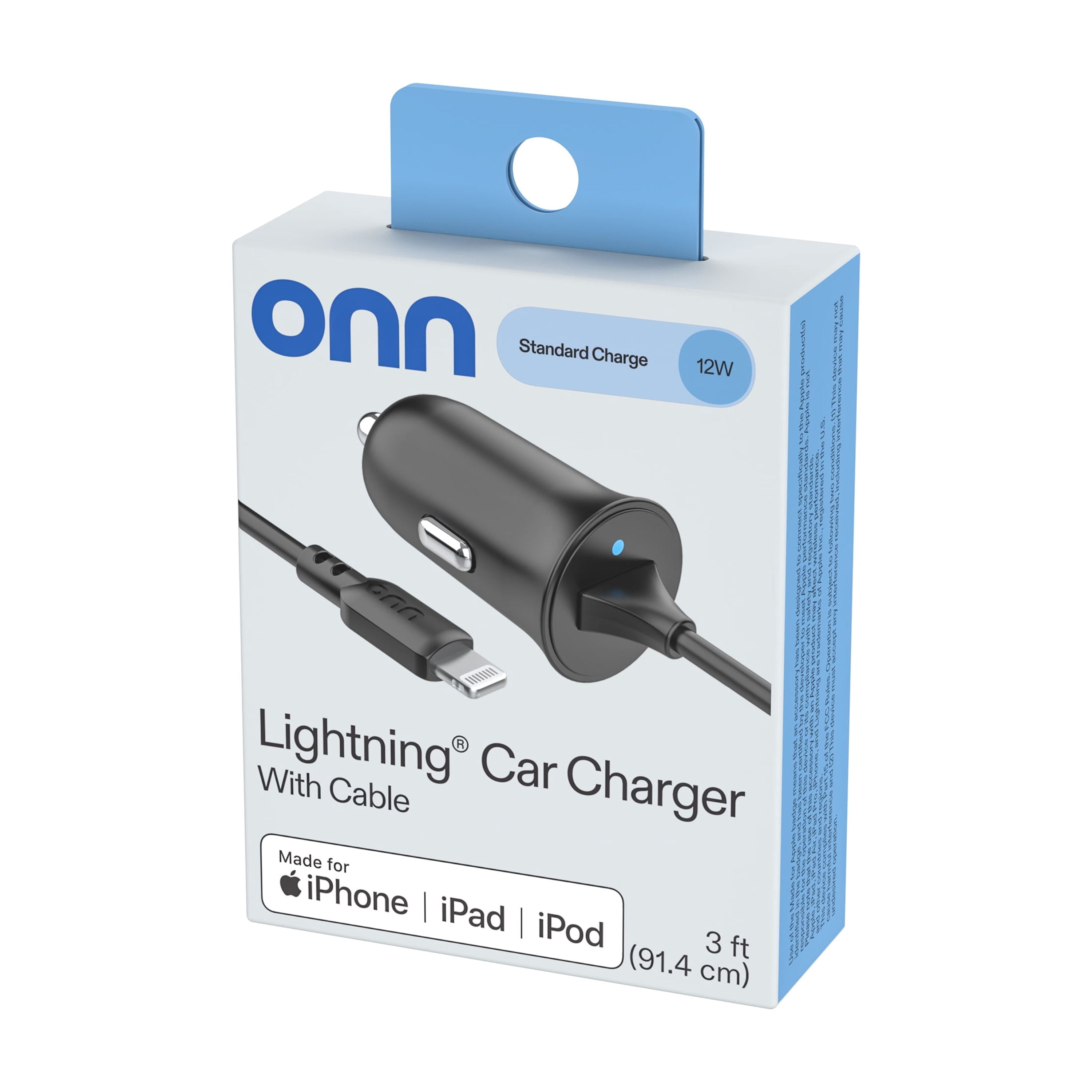 onn. 2.4A Lightning Car Charger, Vehicle Adapter for iPhone, iPad and iPod, Black