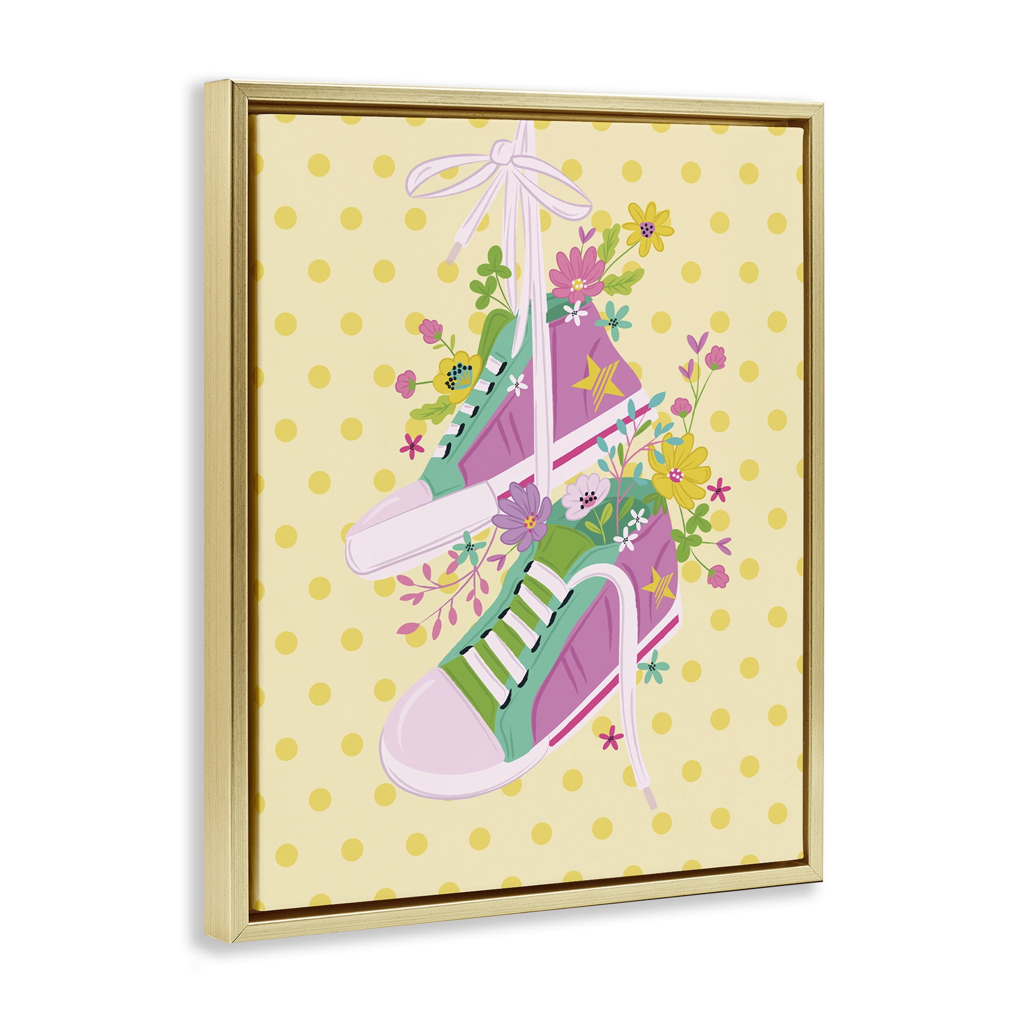 Stupell Industries Preppy Floral Sneakers Fashion Painting Gold Floater Framed Canvas Art Print Wall Art, 17 x 21
