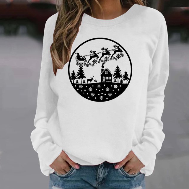 Nouveaux Hauts d'Été pour Femmes 2023 Chemises Col Rond Manches Longues Hauts Blouse Imprimée Coupe Décontractée Chandail en Molleton Oversize pour Femmes