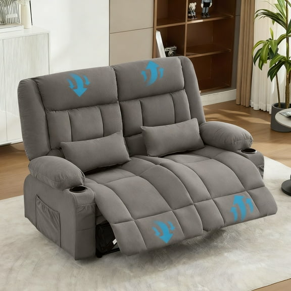 SYNGAR Oversized Reclining Loveseat with Pillow, Comfortable 2-Seater Recliner Sofa with 2 Cup Holders and Side Pocket for Living Room, Ergonomic, Grey