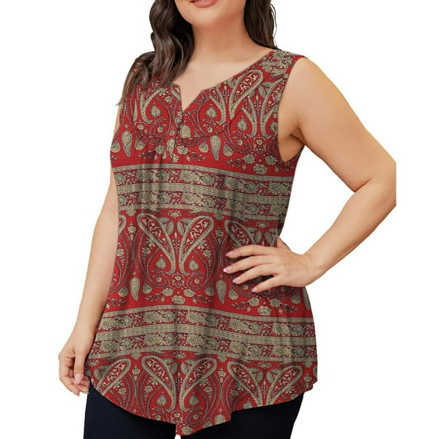 Plus Size Womens Tank Summer Printed Sleeveless Flared Trendy Casual Blouse Button Tunic Shirt Tops