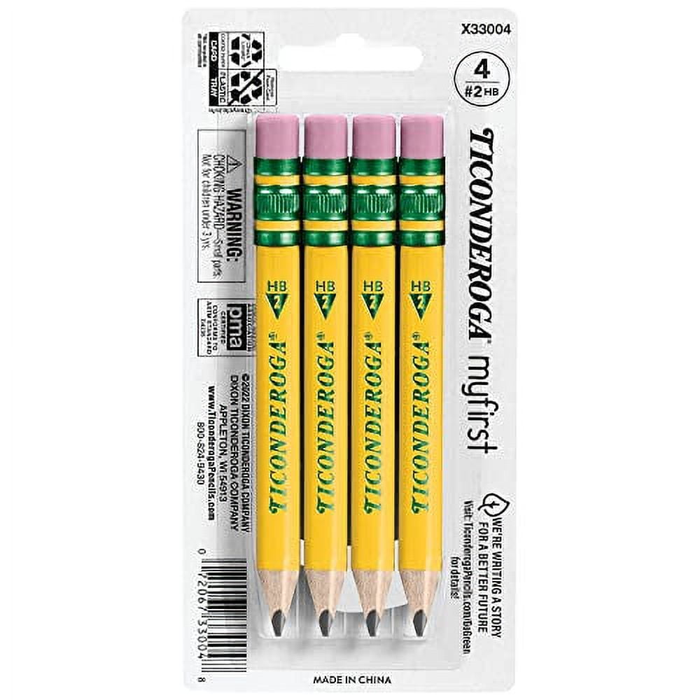 Ticonderoga My First Short Triangular Wood-Cased Pencils, 2 HB Soft, With Erasers, Yellow, 4 Count