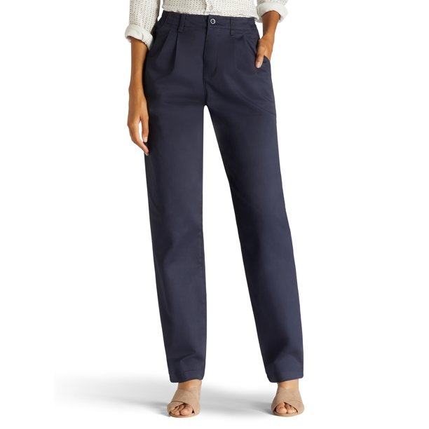Lee Lee Women's Petite Side Elastic Pleated Stretch Khaki Pant Navy