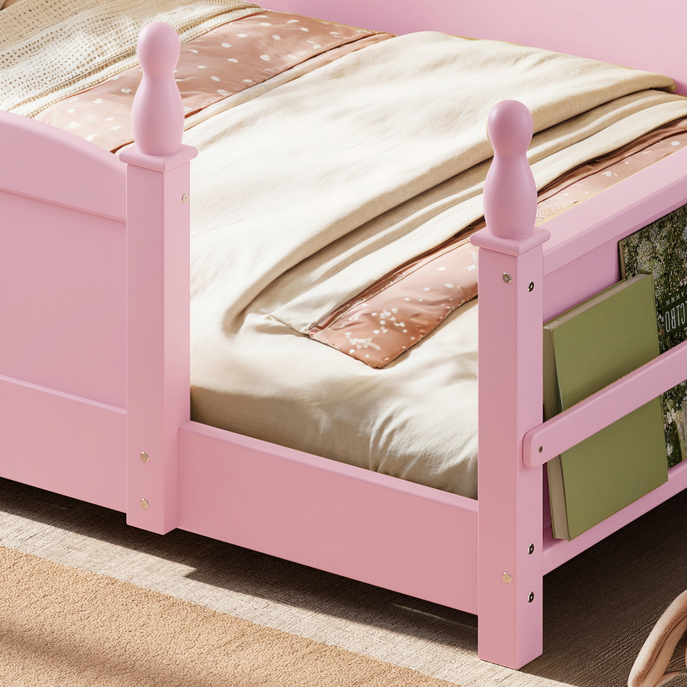 GDF Studio Twin Size Montessori Floor Bed with Guardrails & Side Bookshelf, Childlike Design, Pink
