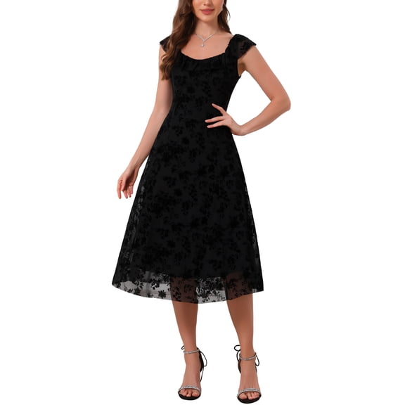 INSPIRE CHIC Women's Mesh Dresses Gothic Vintage Sweetheart Neck Sleeveless Ruffles Floral Jacquard A-Line Dress S Black