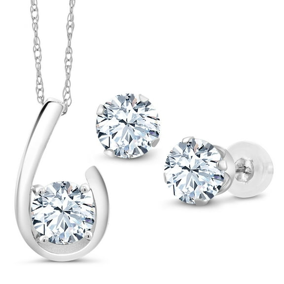 Gem Stone King 10K White Gold White Created Sapphire Pendant Earrings Jewelry Set for Women | 3.00 Cttw | Gemstone September Birthstone | Round 6MM | with 18 inch Chain