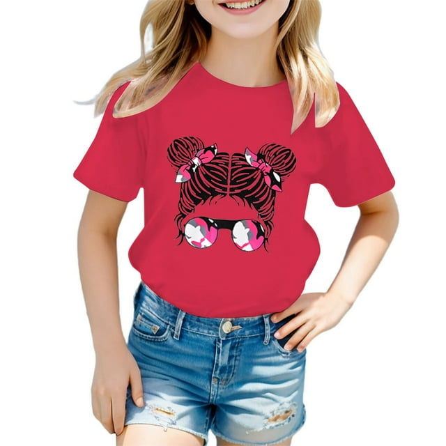 LUOGENLI T-Shirt pour Filles Enfant Filles Mignon Imprimé Graphique Col Rond Manche Courte Tee Été Décontracté Chemise Hauts Maxi Chemises pour Filles 5-6 Ans