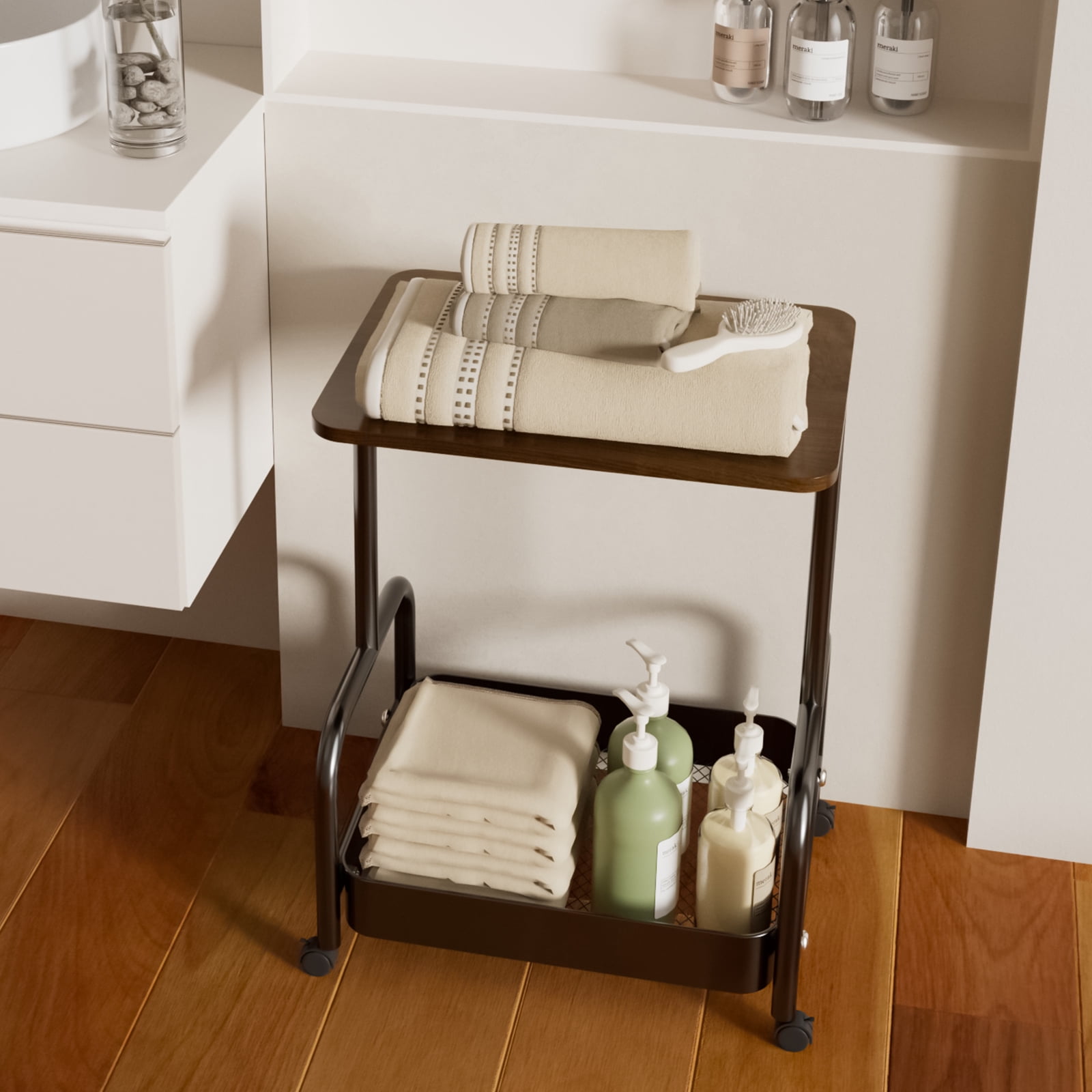 2-Tier/3-Tier Metal Rolling Utility Cart with Walnut Table Top, Lockable Wheels, Mobile Storage Organizer for Kitchen, Coffee Bar, Bathroom & Craft Room
