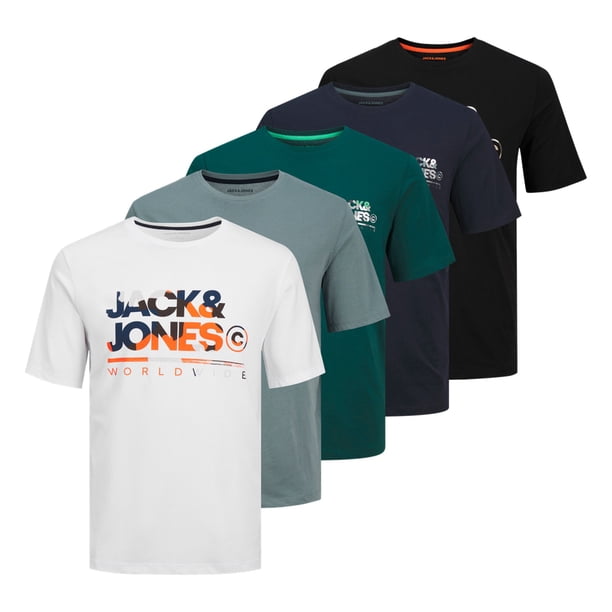 JACK&JONES camiseta hombre, pack de 5 - JJLUKE TEE 5PK, manga corta, cuello redondo, algodón Blanco/Azul/Negro M (Medium)