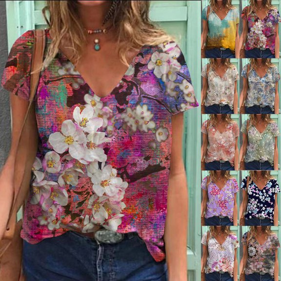 Jacenvly 2024 short sleeve summer shirts for women Casual Women Summer Printed Blouse Tees Short Sleeve T-Shirt Tops Quick drying Multicolor v neck t shirts plus size tops Dark Gray