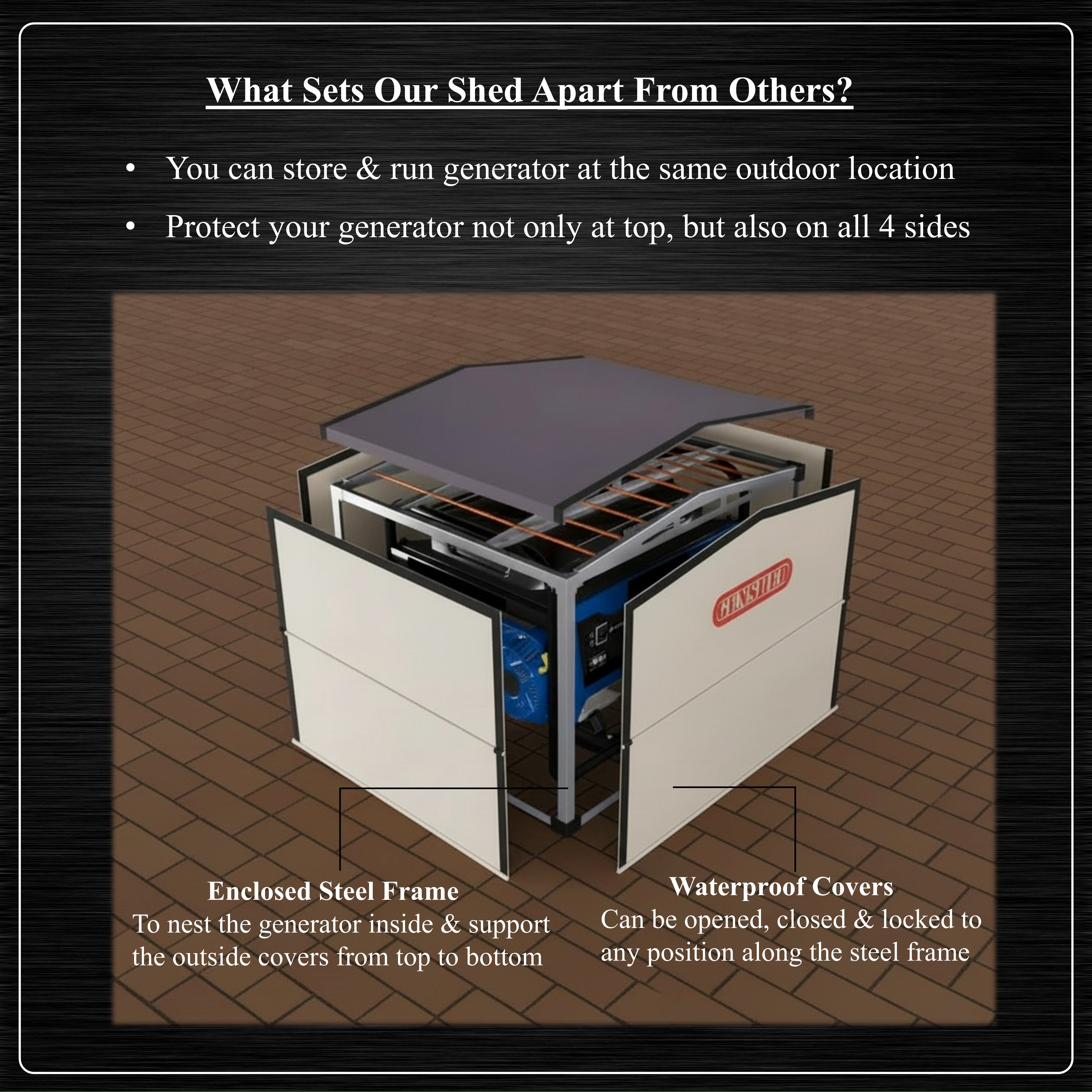 GENSHED Generator Shed For Storing & Running Generator Outdoor - Combining Generator Covers While Running & Generator Covers for Outside Storage into one (GCE)