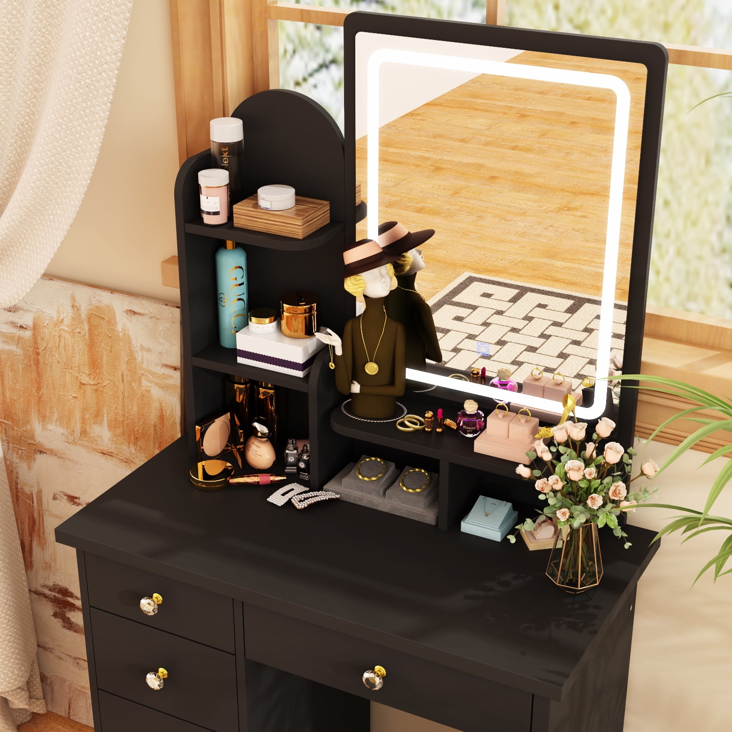 KULAGAGA Makeup Table with Light Mirror, Vanity Drssing Table with Drawers for Bedroom Black