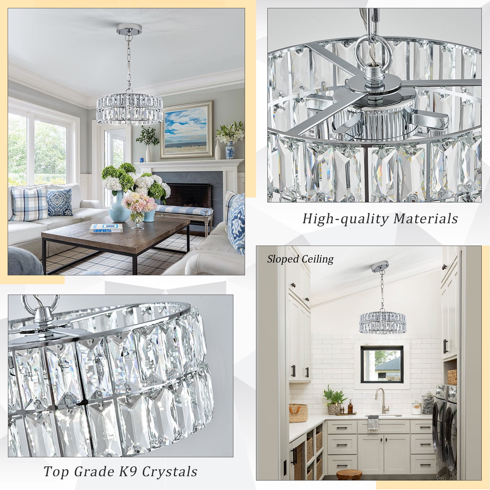Chrome Crystal Chandeliers, Modern Semi Flush Mount Ceiling Light, Small 4-Ligh Round Crystal Hanging Pendant Light Fixtures,D12” for Dining Room Entryway Kitchen Hallway