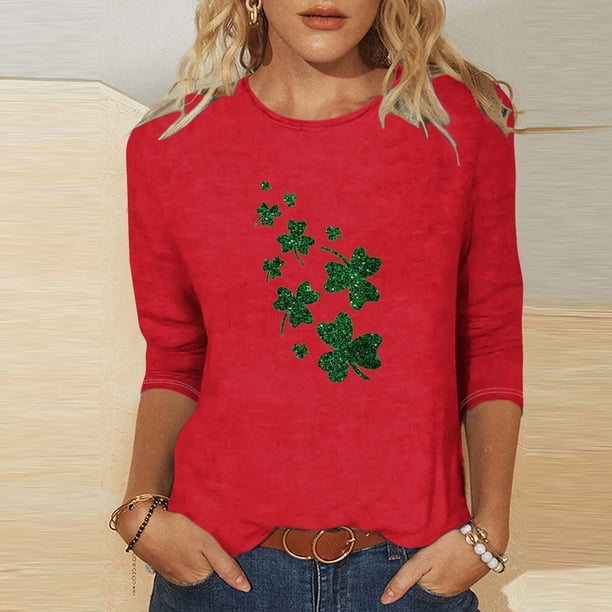TaTaai Ladies St. Patrick's Day Theme Print 3/4 Sleeve Casual Tops Round Neck Loose Comfy Fashion Blouses Stretchy Breathable Daily Holiday Outfits Gift
