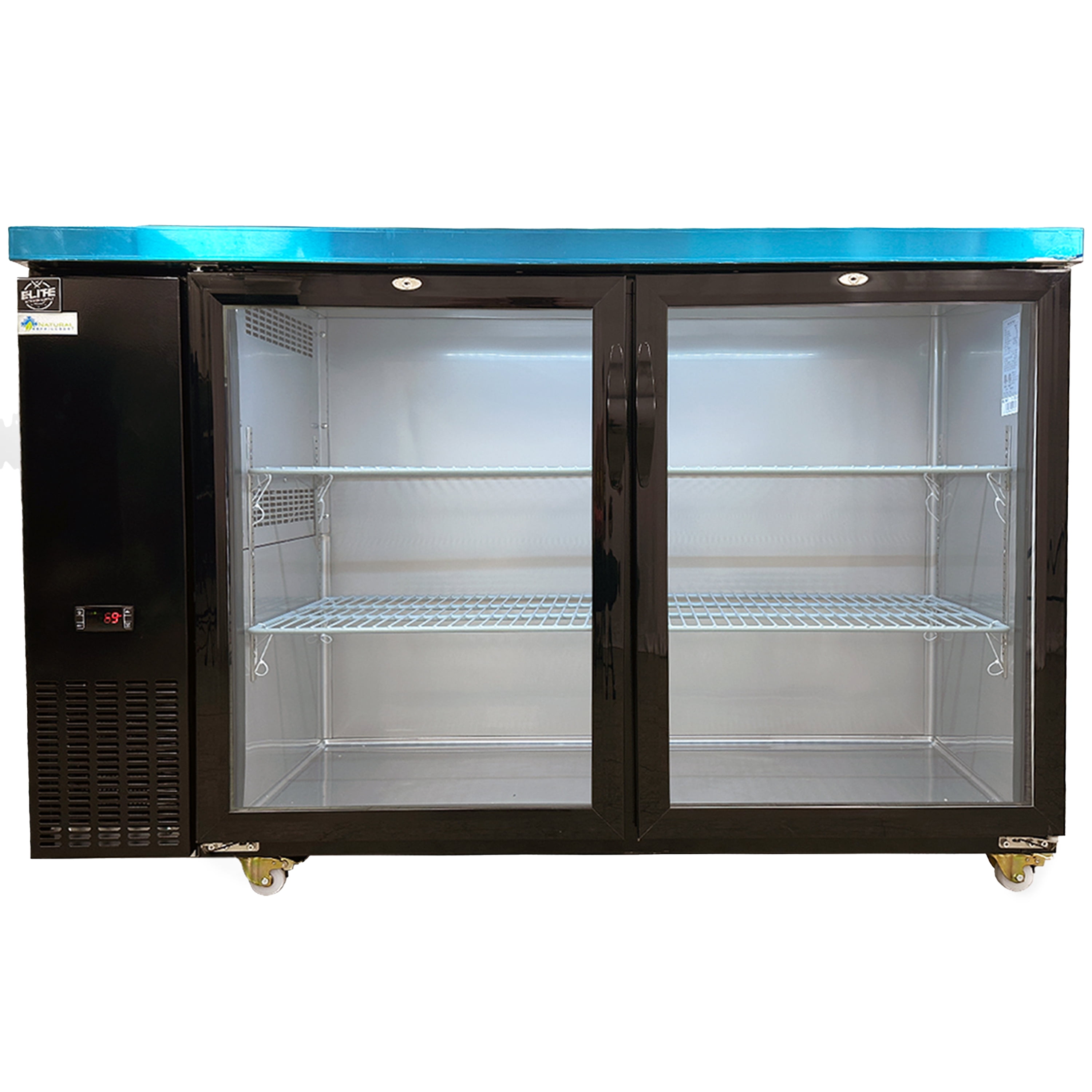 Back Bar Cooler, 57” Double Glass Door Beverage Refrigerator, 16 cu.ft., Stainless Interior, R290 Eco Refrigerant, 115V/60Hz