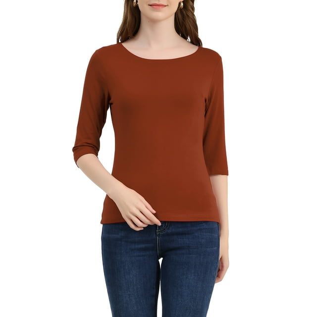 INSPIRE CHIC Hauts pour Femmes Manches au Coude Encolure Bateau Coupe Ajustée T-Shirt Classique Décontracté TP Brun Foncé